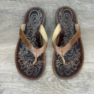 Olukai Paniolo Womens Brown Tooled Leather Flip Flops Thong Slip On Comfort Sz 9